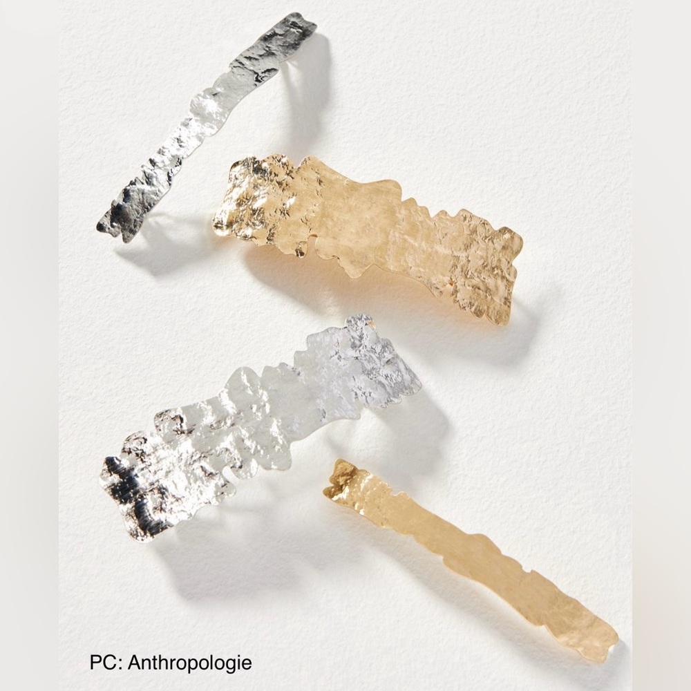 By Anthropologie NWT Hammered Metal Hair Clips, Set of 4 in Gold & Silver Iron